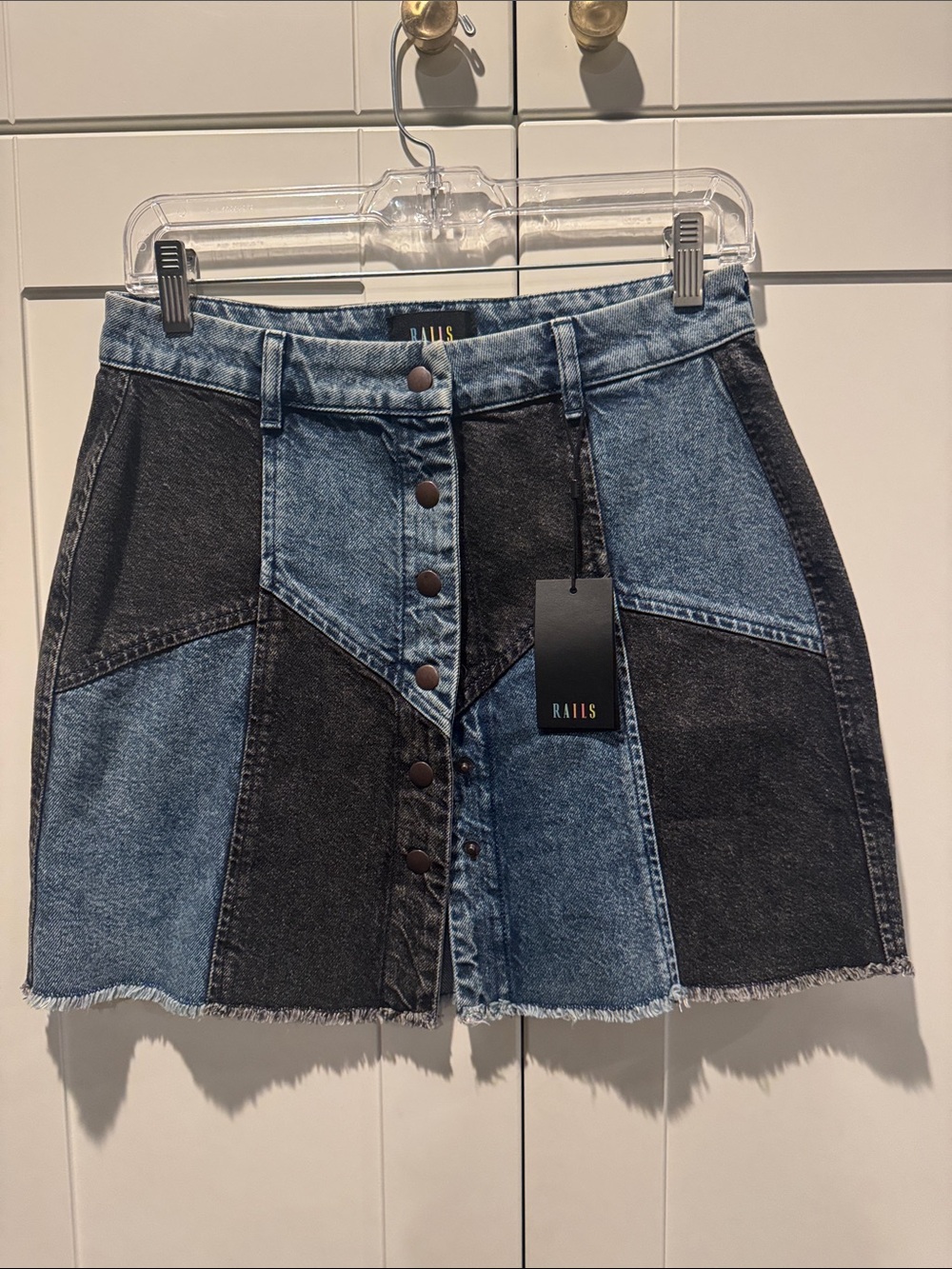 Rails Two-Tone Patchwork Denim Mini Skirt in Light Blue & Black